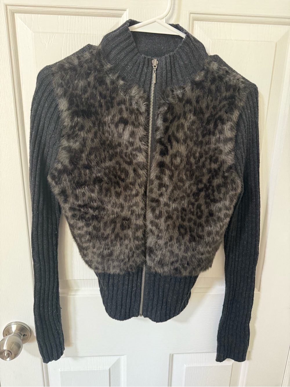 Guess Black Ribbed Zip Cardigan with Faux Fur Panels